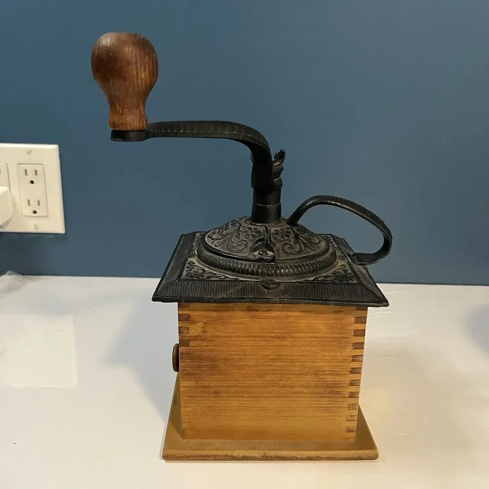 VTG Cast Iron & Wood Hand Crank Coffee Grinder w/Drawer Excellent Condition